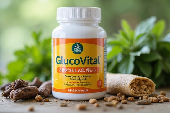 Imagine cu un flacon de supliment Glucovital și ingrediente naturale în fundal