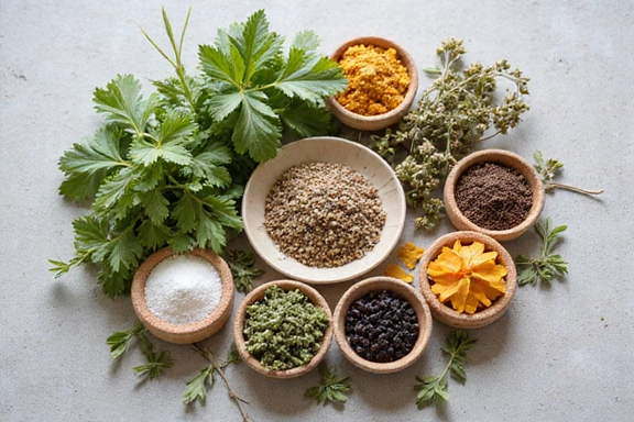 Imagine schematică cu un cerc de plante medicinale, reprezentând sursele naturale ale Glucovital.
